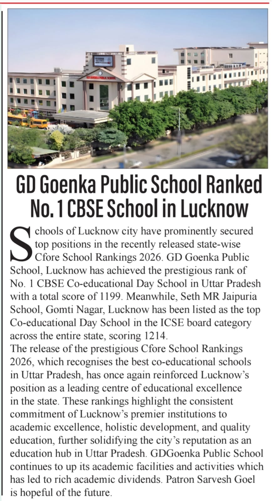 GD Goenka Public School Earns No. 1 CBSE School Ranking in Lucknow img 1
