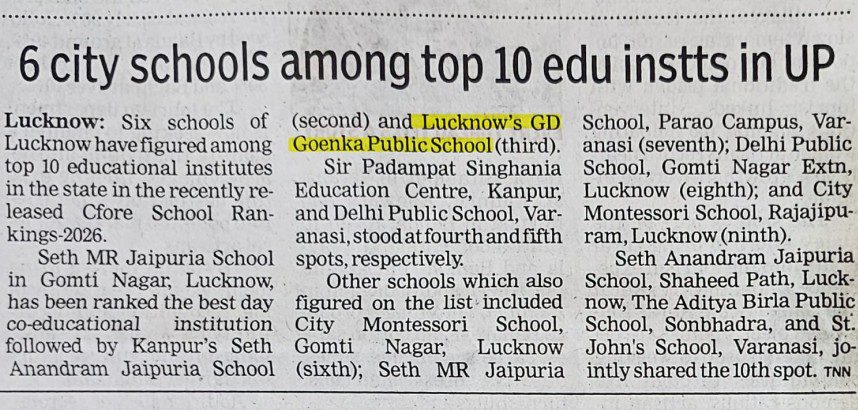 GD Goenka Public School Earns No. 1 CBSE School Ranking in Lucknow img